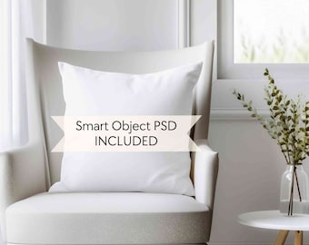 May include: White throw pillow with a white background and the text "Smart Object PSD INCLUDED" in a pink banner.