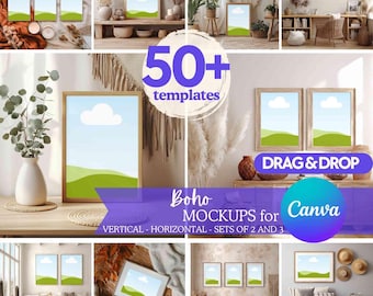 BUNDLE 50+ Boho Frame Mockups for Canva – Drag & Drop Wall Art Templates | Horizontal and Vertical Poster Mockups for Bohemian Decor Display