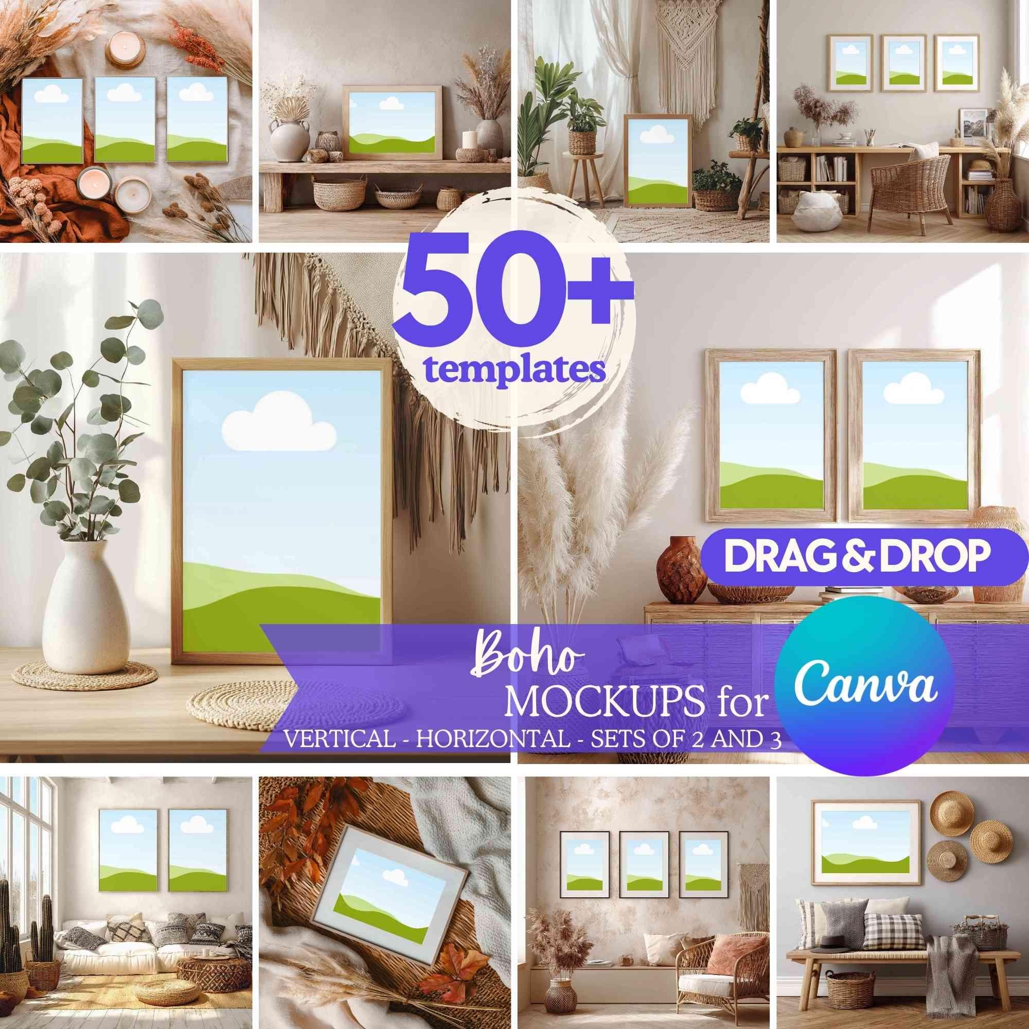 BUNDLE 50+ Boho Frame Mockups for Canva – Drag & Drop Wall Art ...