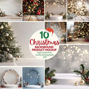 May include: Ten Christmas background product mockups with a variety of festive scenes, including a Christmas tree, ornaments, lights, and a white pedestal. The mockups are perfect for showcasing products or creating holiday-themed designs.