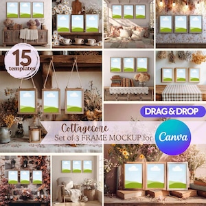 May include: A collection of mockups featuring sets of three framed landscape art prints. The frames are wooden, and the art depicts a green field under a blue sky with clouds. The image has a cottagecore aesthetic, with floral and rustic decor.