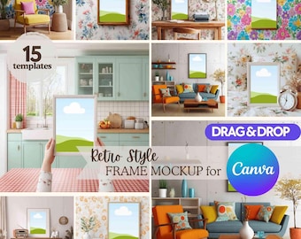 May include: A collection of 15 digital frame mockups featuring various interior settings including living rooms, kitchens, and offices. Each template displays a vertical rectangular frame with a white cloud and green hill graphic.
