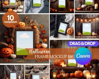 May include: Ten Halloween frame mockups are displayed, each with a framed image showing a blue sky and green landscape. Pumpkins, candles, and autumn leaves surround the frames. The text "Halloween Frame Mockup for Canva" is present.