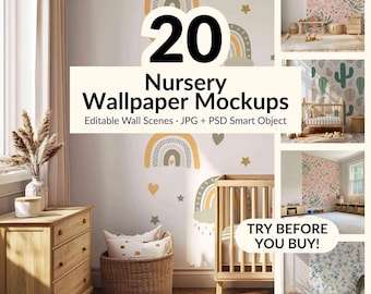 20 Nursery Wallpaper Mockups – Editable Wall Scenes for Baby and Kids Rooms – JPG + PSD Smart Object – Playroom and Nursery Interior Scenes