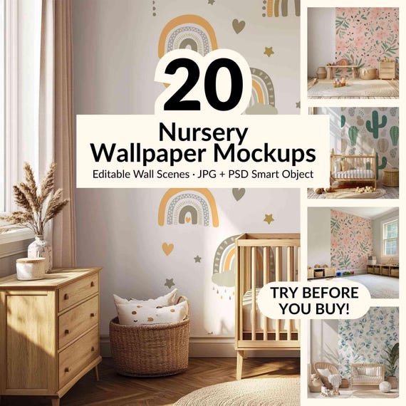 20 Nursery Wallpaper Mockups – Editable Wall Scenes for Baby and Kids Rooms – JPG + PSD Smart Object – Playroom and Nursery Interior Scenes