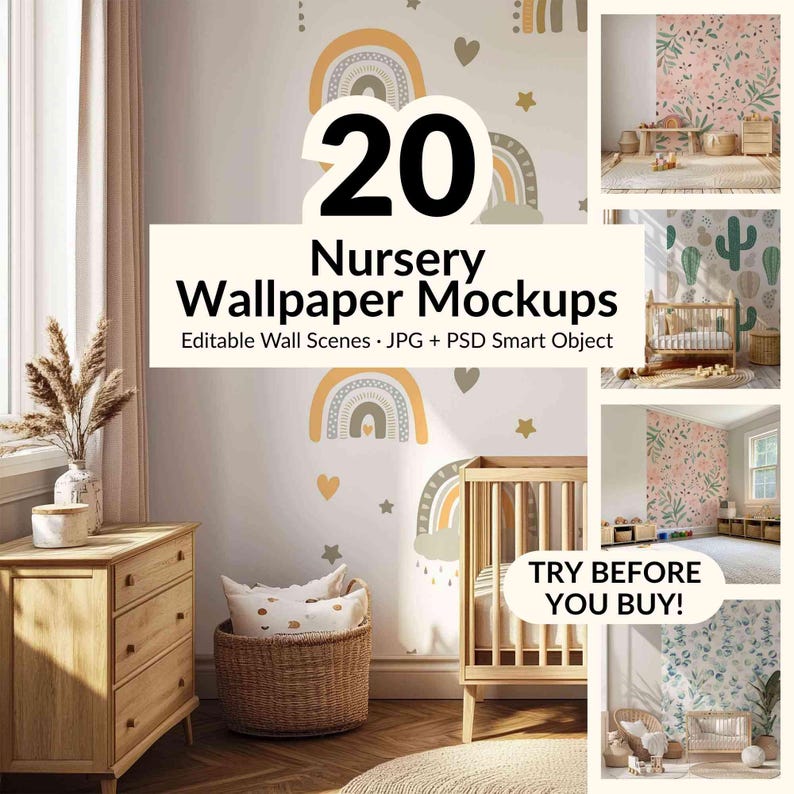 20 Nursery Wallpaper Mockups – Editable Wall Scenes for Baby and Kids Rooms – JPG + PSD Smart Object – Playroom and Nursery Interior Scenes image 1