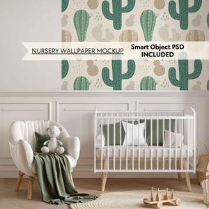 PSD Green nursery wallpaper mockup, Baby room blank wall mockup, Neutral empty nursery wall mock up, Smart object minimalist mural mock-up