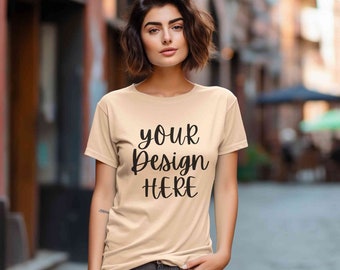Soft Cream Bella Canvas 3001 tshirt mockup, Bella Canvas tee mockup, Soft Cream shirt model Mockup, Bella and Canvas t-shirt outdoor mock up