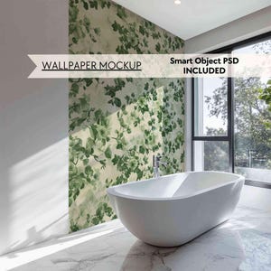 Bathroom wallpaper mockup, Modern minimalist bathroom empty wall mockup, Blank wall PSD smart object mock up, Surface pattern mural Mockup