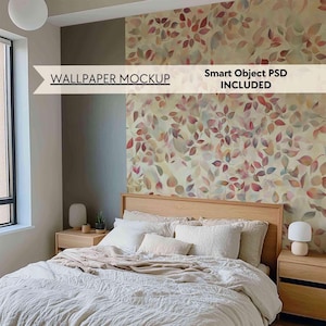 Slaapkamerbehangmodel, minimalistisch slaapkamermodel lege muur, gezellig interieur houten bed blinde muur PSD-model, oppervlaktepatroon muurschildering mock-up