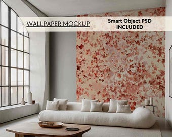 Mockup di carta da parati moderna per soggiorno, mockup di parete interna PSD, mockup di parete vuota minimalista, arredamento per la casa con carta da parati alla moda, mockup di parete bianca