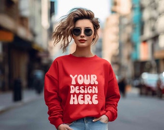 Roter Gildan 18000-Pullover für Damen