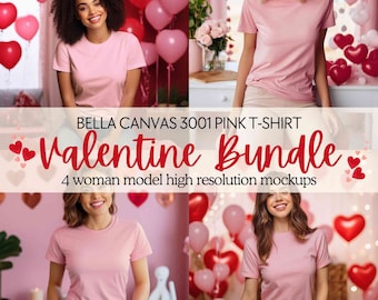 May include: Four women wearing pink t-shirts in front of a pink and red background with heart-shaped balloons. BELLA CANVAS 3001 PINK T-SHIRT Valentine Bundle 4 woman model high resolution mockups.