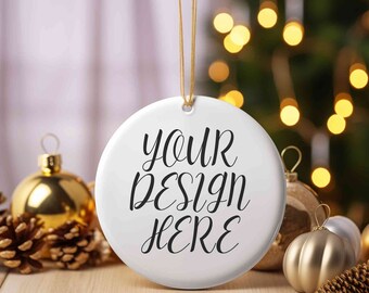 Mockup de enfeite redondo de cerâmica de Natal, enfeites brancos em branco para mockup de árvore de Natal, mockup de enfeite Canva, mockups de Natal em círculo