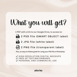 May include: What you will get? 1 PDF with a link to Google Drive to access: 2 PSD files (SMART OBJECT label), 2 JPG files (white label), 2 PNG files (transparent label). Plus, an easy-to-follow guide for using your PSD file in Photoshop. High-resolution digital mockups, free of text/watermarks, for personal and commercial use.