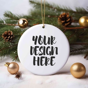 Christmas ceramic round ornament mockup, Blank white ornaments for Christmas tree mockup, Ornament mockup Canva, Circle Christmas mock ups