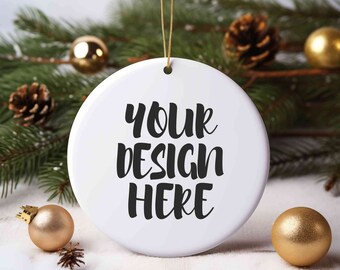 Mockup de enfeite redondo de cerâmica de Natal, enfeites brancos em branco para mockup de árvore de Natal, mockup de enfeite Canva, mockups de Natal em círculo