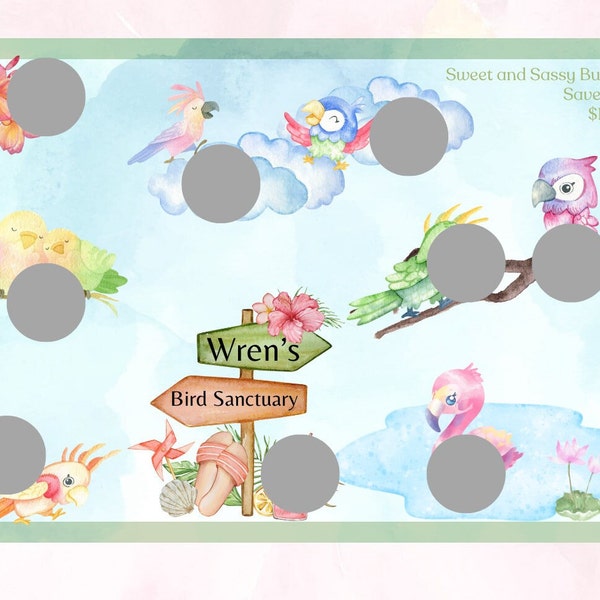 Savings Challenge “Wren’s Bird Sanctuary”. A5 laminated scratch off savings challenge cute watercolor birds