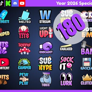 May include: A collection of colorful digital stickers with various text and graphic designs. The stickers include words like "Hydrate," "Stream," "Snipped," "Bits," "Content," and "Nuts." The image also features the text "Year 2026 Special" and a large number "180."