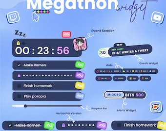 Ultimate Megathon 6-in-1  Widget Bundle | Twitch, Youtube and Ko-fi | Streamelements OBS | Subathon Timer, Milestone goals | vtuber overlay