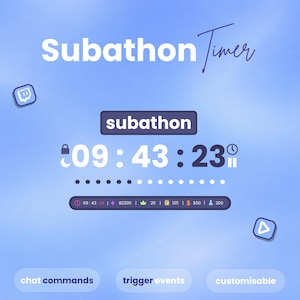 May include: A digital subathon timer interface on a light blue background. The display shows the text Subathon Timer, a countdown of 09:43:23, and a status bar with icons for time, diamonds, crowns, gifts, dollars, and users. Buttons include chat commands, trigger events, and customisable.