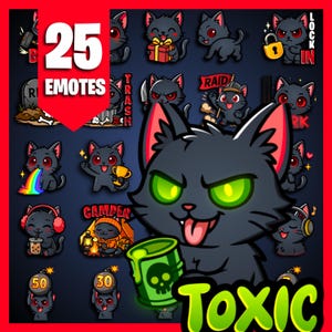 Pode incluir: Uma coleção de 25 emotes de gatos de desenho animado com várias expressões e temas, incluindo um gato com um presente, um gato com um troféu e um gato com fones de ouvido. A palavra "TOXIC" é exibida em verde e a palavra "EMOTES" em vermelho.