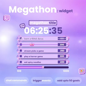 May include: A digital Megathon widget interface on a purple gradient background featuring a countdown timer, a list of goals including learn a tiktok dance, stream picks a game, play a horror game, and eat spicy noodles, with a progress bar.