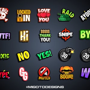 20 TEXT EMOTES for Streaming on Twitch, Kick Streaming & Discord | Twitch Emote | Sub Hype Emote | Snipe | Lock in | Bomb Emote | Emote Pack