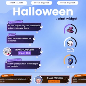 May include: A digital Halloween chat widget overlay featuring purple and orange message boxes with spiderweb patterns, small ghost and skull icons, and circular progress bars displaying a witch hat, skull, and coffin icons with sub goal text.