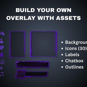 May include: A dark gray graphic with the text "BUILD YOUR OWN OVERLAY WITH ASSETS" in white. The image includes purple icons, frames, and labels for backgrounds, chatboxes, and outlines.