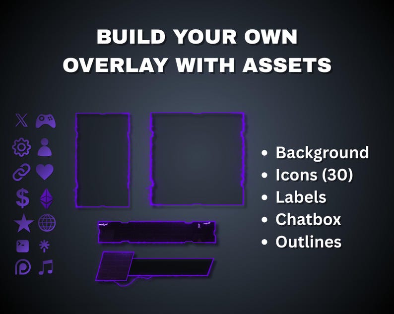 May include: A dark gray graphic with the text "BUILD YOUR OWN OVERLAY WITH ASSETS" in white. The image includes purple icons, frames, and labels for backgrounds, chatboxes, and outlines.