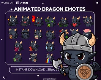 Emotes de dragón animados para Twitch, Kick y Discord / Emotes de Twitch, emotes lindos, emotes chibbi, emotes de memes, paquete de emotes