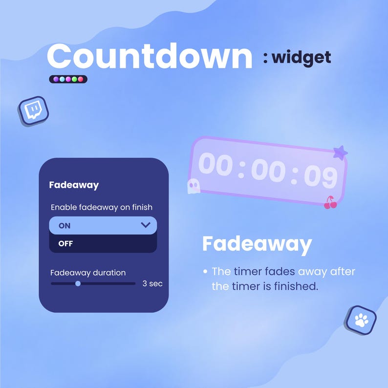 May include: A digital interface with the text "Countdown: widget" in white. The image shows a timer with the time 00:00:09, and a control panel with "Fadeaway" options. The background is a gradient of blue and purple.