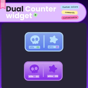 Könnte beinhalten: Ein digitales Dual-Counter-Widget mit zwei rechteckigen Feldern mit abgerundeten Ecken. Das obere Feld ist hellblau, das untere violett. Jedes zeigt ein Totenkopf-Symbol, ein Stern-Symbol sowie die Textbeschriftungen kills 03 und wins 05.