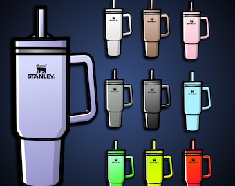 May include: A collection of Stanley brand insulated tumblers in various colors, including white, brown, pink, gray, black, blue, green, yellow, and red. Each tumbler has a handle, a straw, and the Stanley logo.