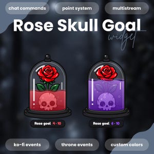 May include: A digital Rose Skull Goal widget graphic featuring two glass cloches. Each contains a red rose and a skull submerged in liquid. The left cloche has red liquid with text Rose goal 4/10, and the right has purple liquid with text Rose goal 6/10.