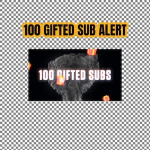 May include: An animated graphic in black and white with a white cloud of smoke and the text "100 GIFTED SUBS" in white with a neon glow.  Small animated red and yellow gift boxes are falling from the top of the image.