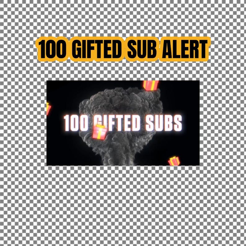 May include: An animated graphic in black and white with a white cloud of smoke and the text "100 GIFTED SUBS" in white with a neon glow.  Small animated red and yellow gift boxes are falling from the top of the image.