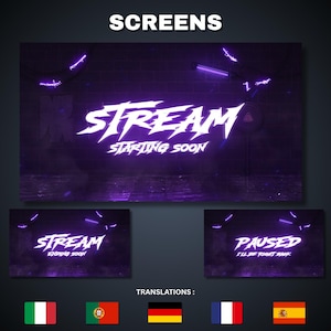May include: A set of purple and black streaming screens with the word "STREAM" in white, and the words "STARTING SOON" below it. The image also includes a "PAUSED" screen and flags for translation.