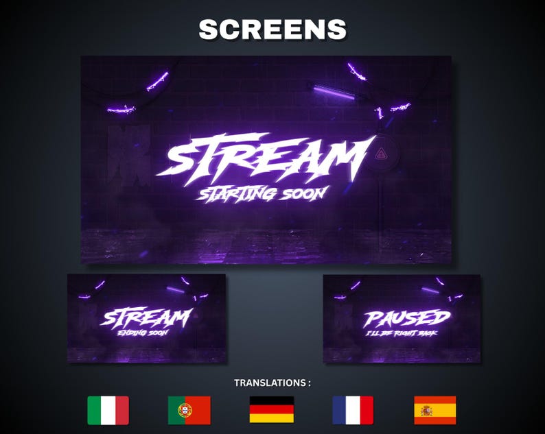 May include: A set of purple and black streaming screens with the word "STREAM" in white, and the words "STARTING SOON" below it. The image also includes a "PAUSED" screen and flags for translation.