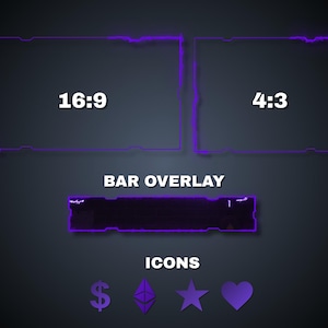 May include: Digital overlay graphics with a dark background and neon purple accents. Includes 16:9 and 4:3 aspect ratio frames, a bar overlay, and icons for dollar sign, Ethereum symbol, star, and heart.