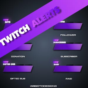 Może przedstawiać: Fioletowe i czarne banery powiadomień Twitch z tekstem: "Twitch Alerts", "Nowe Bitsy", "Darowizna", "Prezent Sub", "Follower", "Nowy Subskrybent", "Subskrybent", "Nowy Raid" i "Raid".