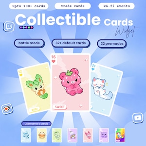 May include: A digital collectible cards widget featuring three central cards with cartoon characters: a green creature labelled Zuzu, a pink strawberry bear labelled Sweet, and a white cat. Text includes upto 100+ cards, trade cards, ko-fi events, battle mode, 32+ default cards, and 32 premades.