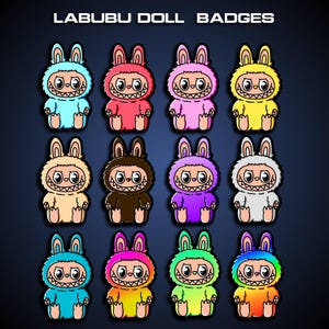 May include: A collection of Labubu doll badges in various colors, including blue, red, pink, and yellow. Each badge features a cartoon character with a rabbit-like head and a toothy grin. The text "LABUBU DOLL BADGES" is at the top.