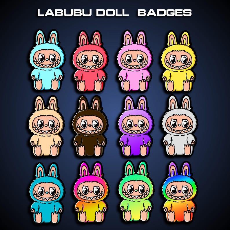 May include: A collection of Labubu doll badges in various colors, including blue, red, pink, and yellow. Each badge features a cartoon character with a rabbit-like head and a toothy grin. The text "LABUBU DOLL BADGES" is at the top.