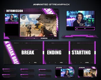 Peut inclure: Pack de diffusion animé violet et noir avec une fenêtre de chat en direct, un écran de jeu et une webcam de streamer. Le pack de diffusion comprend également des écrans pour démarrer et terminer une diffusion, prendre une pause et simplement discuter.