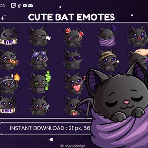 May include: A digital art graphic featuring a collection of cute bat emotes with various expressions and props, such as sunglasses, pizza, and a heart. The text "CUTE BAT EMOTES" is displayed at the top, with "INSTANT DOWNLOAD" at the bottom.