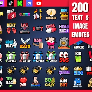 Può includere: Una collezione di 200 emote di testo e immagini per lo streaming online e i giochi. Le emote presentano una varietà di design, tra cui facce divertenti, termini gergali popolari e riferimenti ai giochi.