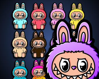Puede incluir: Un conjunto de insignias de muñecas Labubu en varios colores, como azul, rojo, rosa y amarillo. Cada insignia presenta un personaje de dibujos animados con una sonrisa dentuda y orejas de conejo. El texto "LABUBU DOLL BADGES" está en la parte superior.