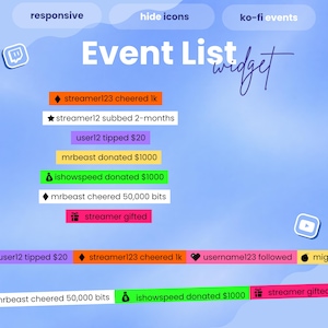 May include: A digital event list widget for live streaming featuring a blue background with white text reading Event List widget. It displays various notification bars in orange, white, purple, yellow, green, and pink with icons and text.